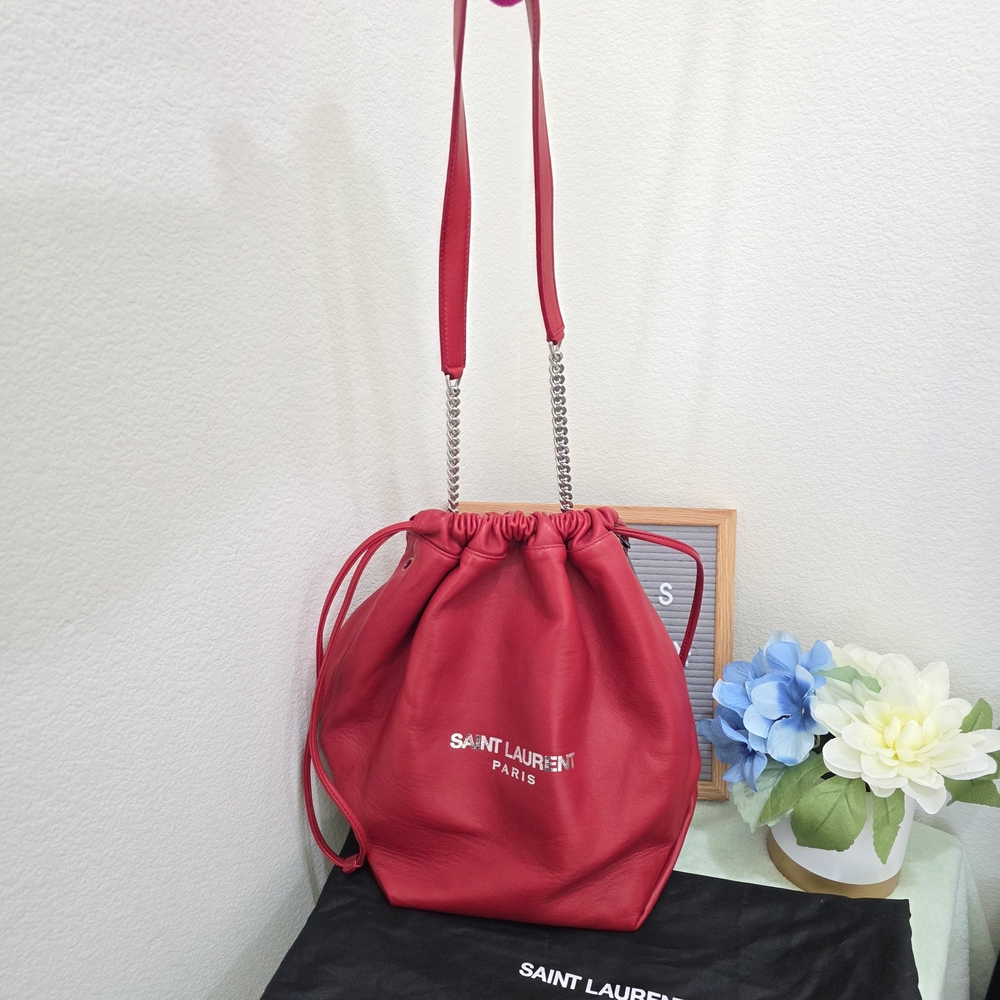 Authentic YSL Red Leather Drawstring Bag, YSL bag Pochon Teddy Bucket Bag - Picture 3 of 9